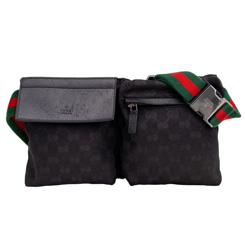 Gucci GG Monogram Waist Bag Belt Bag Black Canvas Web Stripe Italy Vintage
